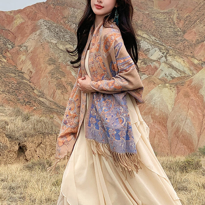 Buddha Stonesチベットカシューフラワータッセルショール秋冬用快適トラベルスカーフラップ - カーキ - 180×65cm - image 30