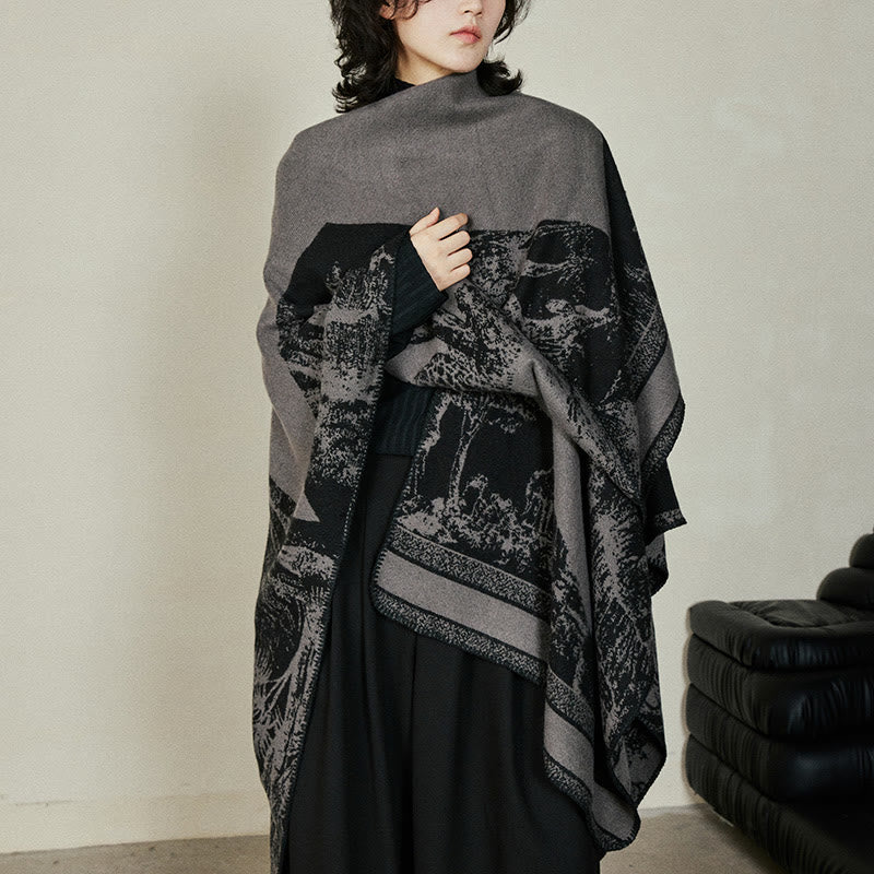 Buddha Stonesブラックグレー ニホンジカ 動物 森 両面 ショール 秋冬 暖かい スカーフ ラップ - image 1