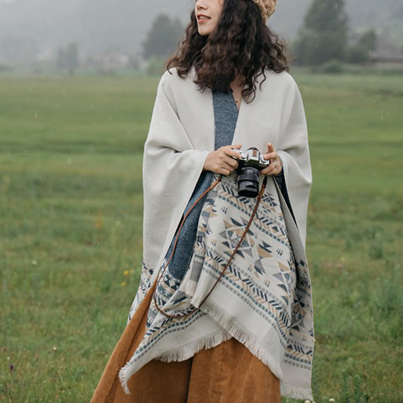 Buddha Stonesチベットベージュ幾何学模様タッセルショール秋冬暖かいスカーフラップ - image 1
