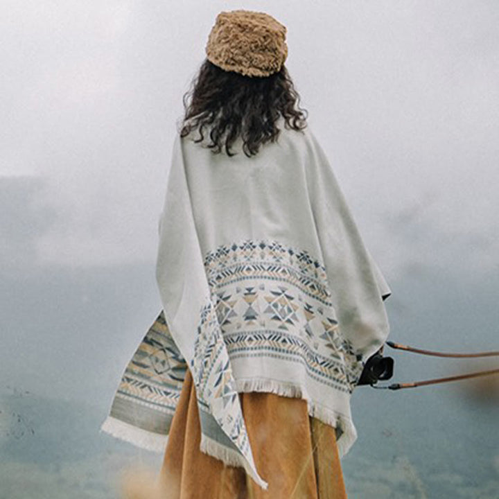 Buddha Stonesチベットベージュ幾何学模様タッセルショール秋冬暖かいスカーフラップ - image 2