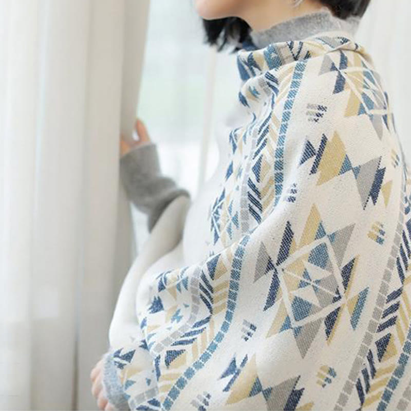 Buddha Stonesチベットベージュ幾何学模様タッセルショール秋冬暖かいスカーフラップ - image 6