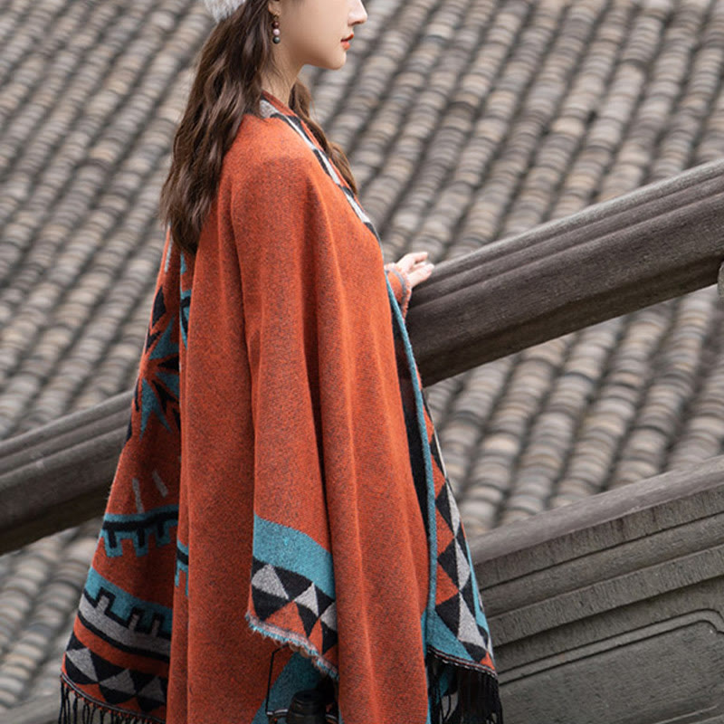 Buddha Stonesチベット オレンジ 幾何学模様 菱形模様 タッセル ショール 秋冬 暖かい スカーフ ラップ - image 10