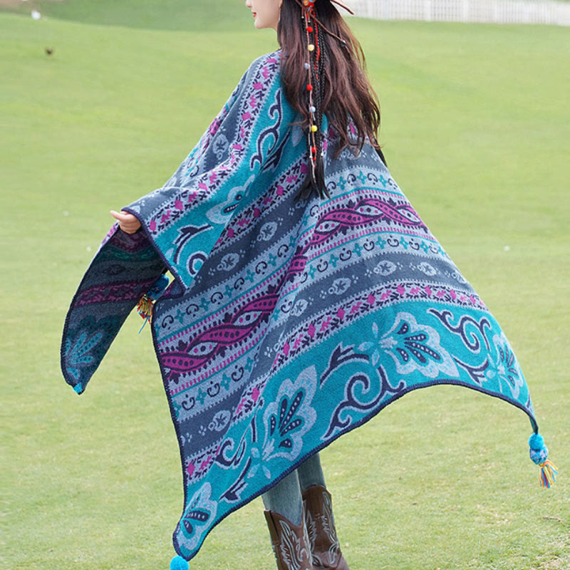 Buddha Stonesチベット 幾何学模様 横縞 花柄 ショール 秋冬 暖かい ソフト スカーフ ラップ - ブルー 160×135cm - image 0