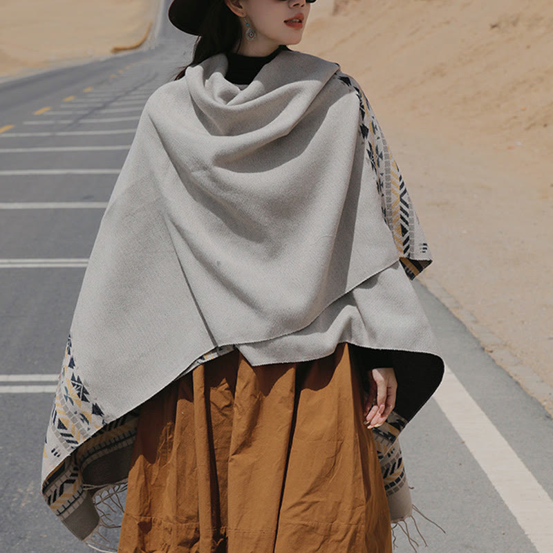 Buddha Stones幾何学模様 菱形模様 タッセルショール 秋冬 暖かい 心地良い スカーフ ラップ - リネン - 130×150cm - image 15