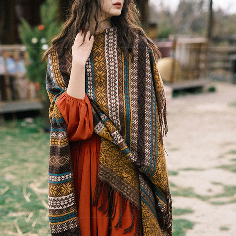 Buddha Stones幾何学模様 横縞 花 葉 タッセル ショール 秋冬 心地よいスカーフ ラップ - image 11