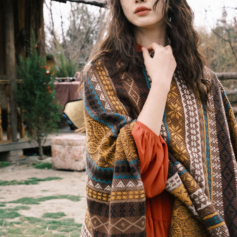 Buddha Stones幾何学模様 横縞 花 葉 タッセル ショール 秋冬 心地よいスカーフ ラップ - image 13