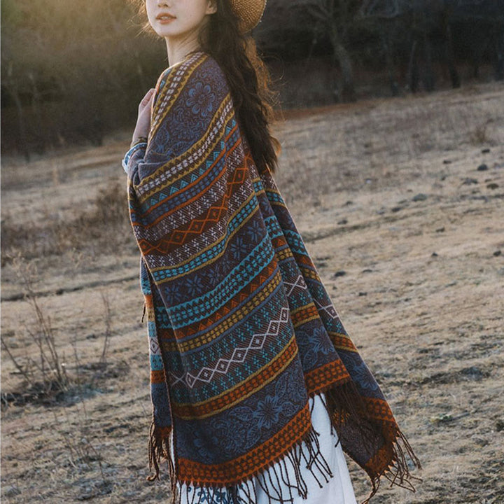 Buddha Stones幾何学模様 横縞 花 葉 タッセル ショール 秋冬 心地よいスカーフ ラップ - image 4