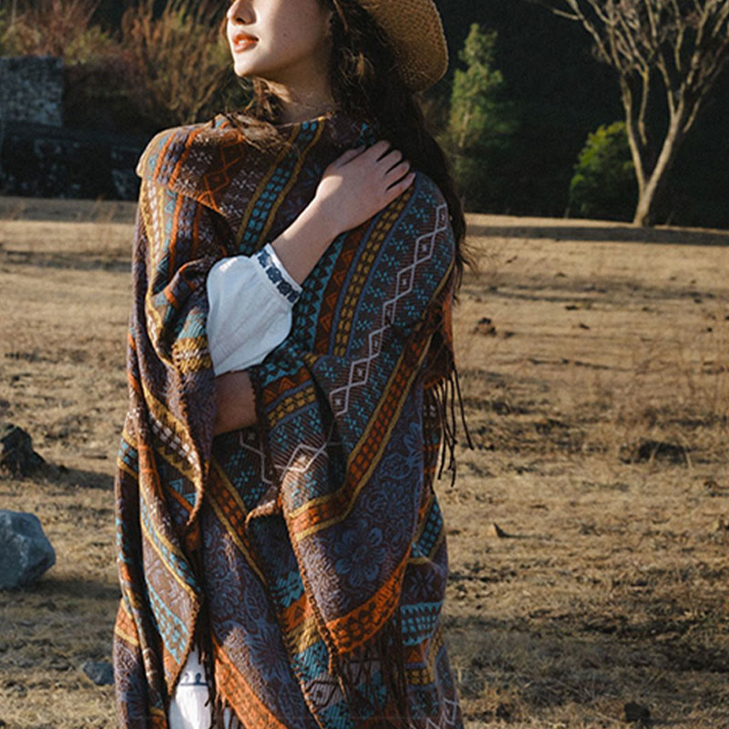 Buddha Stones幾何学模様 横縞 花 葉 タッセル ショール 秋冬 心地よいスカーフ ラップ - image 5