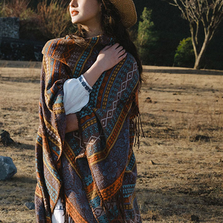 Buddha Stones幾何学模様 横縞 花 葉 タッセル ショール 秋冬 心地よいスカーフ ラップ - image 5