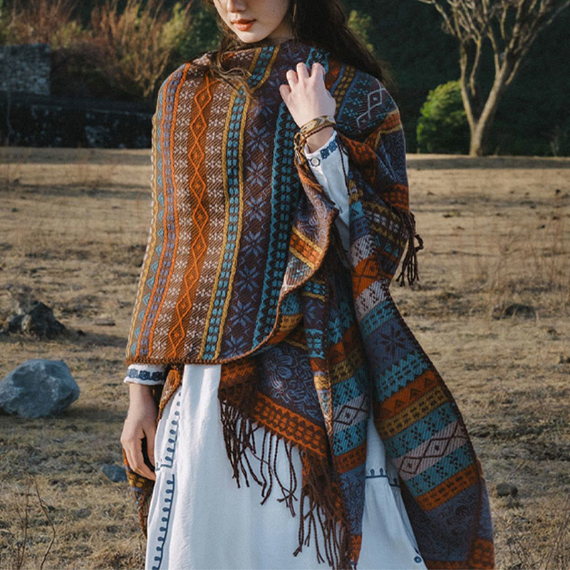 Buddha Stones幾何学模様 横縞 花 葉 タッセル ショール 秋冬 心地よいスカーフ ラップ - image 1