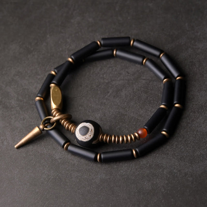 Buddha Stonesブラックオニキス 銅製 Dzi ビーズ コーンペンダント ダブルラップ プロテクションブレスレット