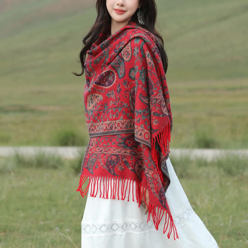 Buddha Stones、チベットカシューナッツ、花、葉、つる、タッセル、ショール、秋冬用、柔らかく心地よいスカーフラップ - image 1