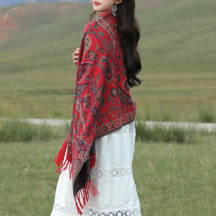 Buddha Stones、チベットカシューナッツ、花、葉、つる、タッセル、ショール、秋冬用、柔らかく心地よいスカーフラップ - image 2