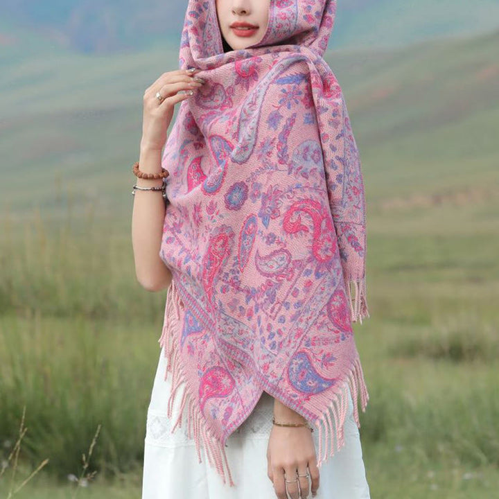 Buddha Stones、チベットカシューナッツ、花、葉、つる、タッセル、ショール、秋冬用、柔らかく心地よいスカーフラップ - ローズレッド 70×180cm - image 10