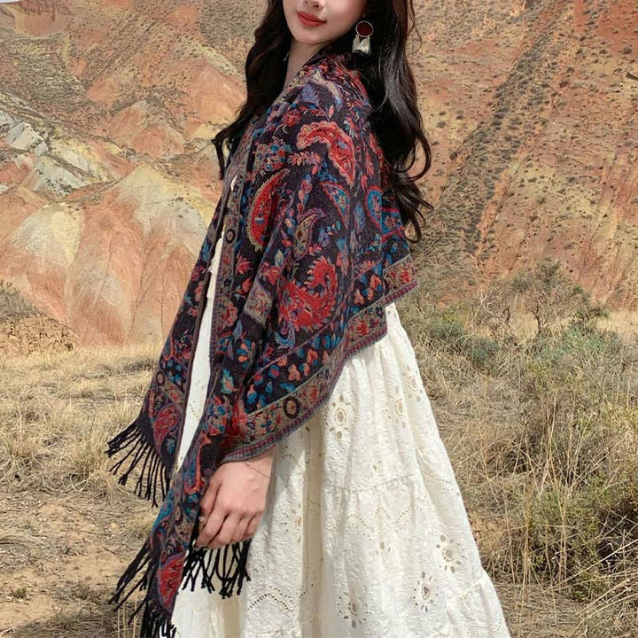 Buddha Stones、チベットカシューナッツ、花、葉、つる、タッセル、ショール、秋冬用、柔らかく心地よいスカーフラップ - image 29