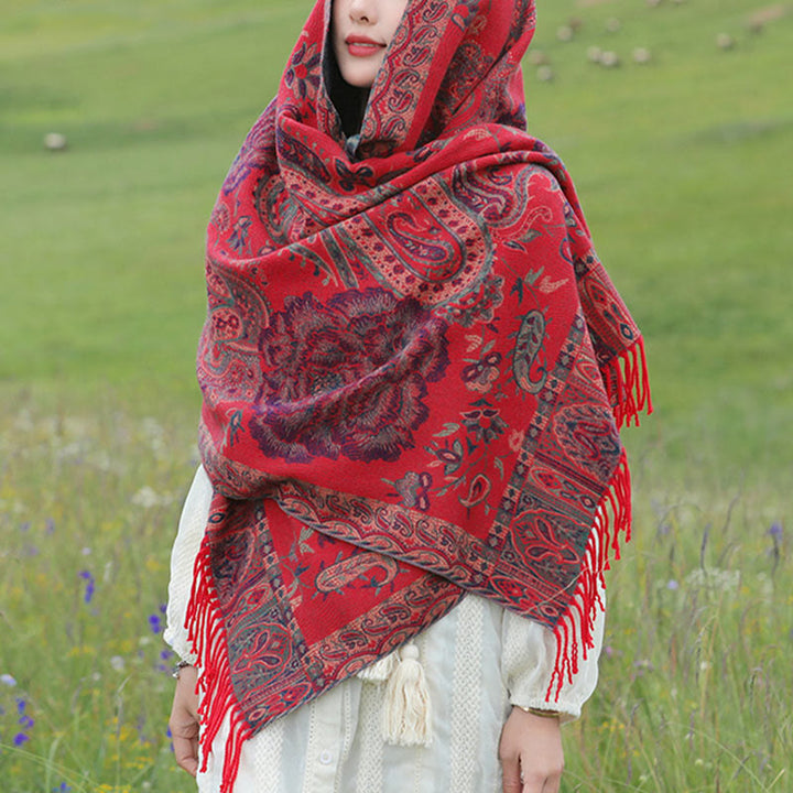 Buddha Stones、チベットカシューナッツ、牡丹の花、つるタッセルショール、秋冬用、心地よいスカーフラップ - image 18