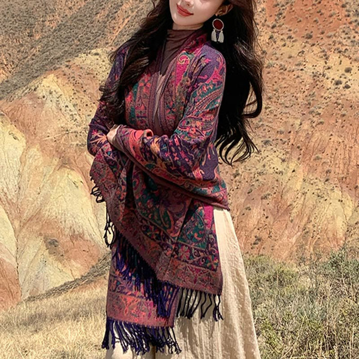 Buddha Stones、チベットカシューナッツの花、つる模様、タッセルショール、秋冬用ソフトスカーフラップ - image 2