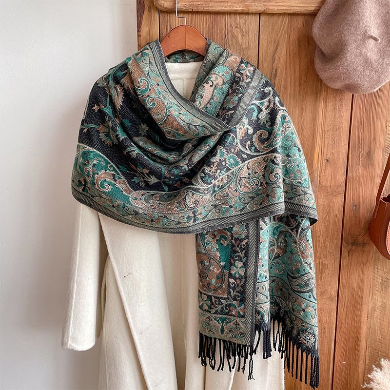 Buddha Stones、チベットカシューナッツの花、つる模様、タッセルショール、秋冬用ソフトスカーフラップ - image 10