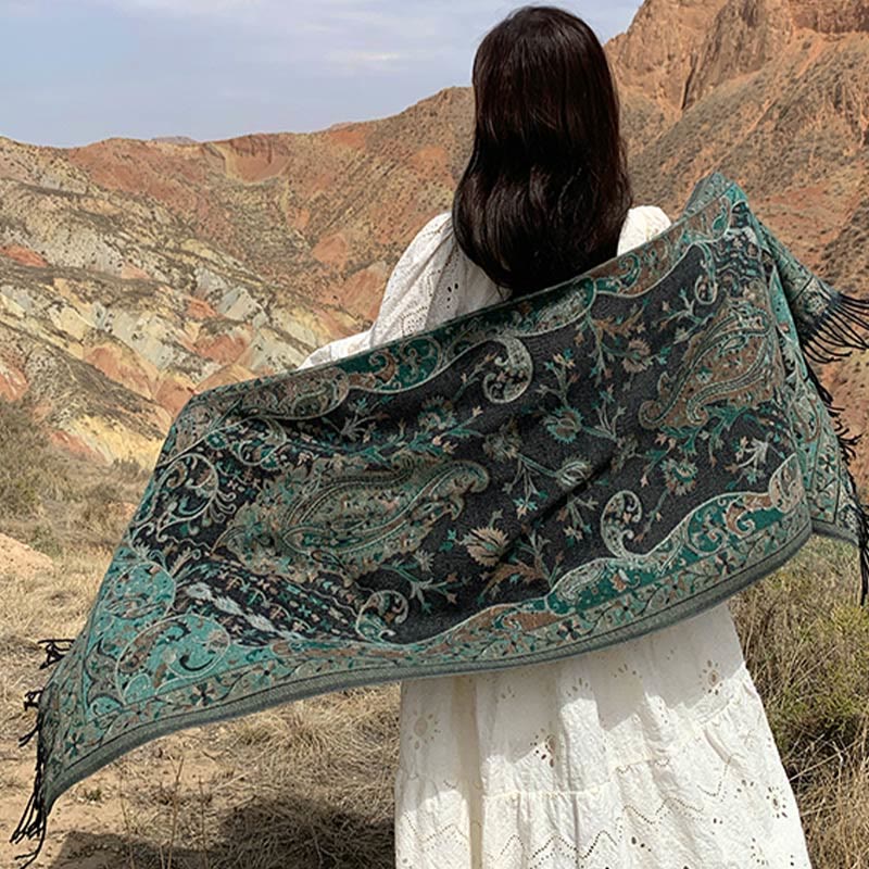 Buddha Stones、チベットカシューナッツの花、つる模様、タッセルショール、秋冬用ソフトスカーフラップ - image 9