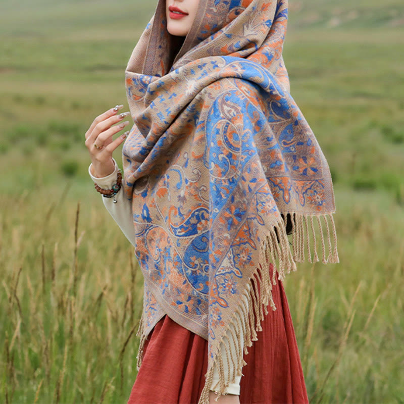 Buddha Stones、チベットカシューナッツの花、つる模様、タッセルショール、秋冬用ソフトスカーフラップ - image 20