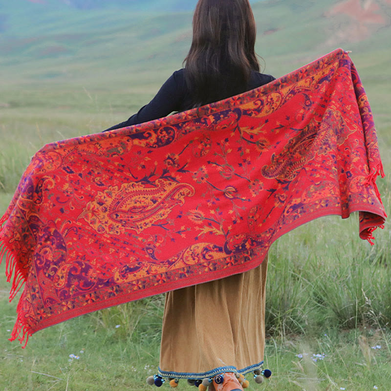 Buddha Stones、チベットカシューナッツの花、つる模様、タッセルショール、秋冬用ソフトスカーフラップ - image 15