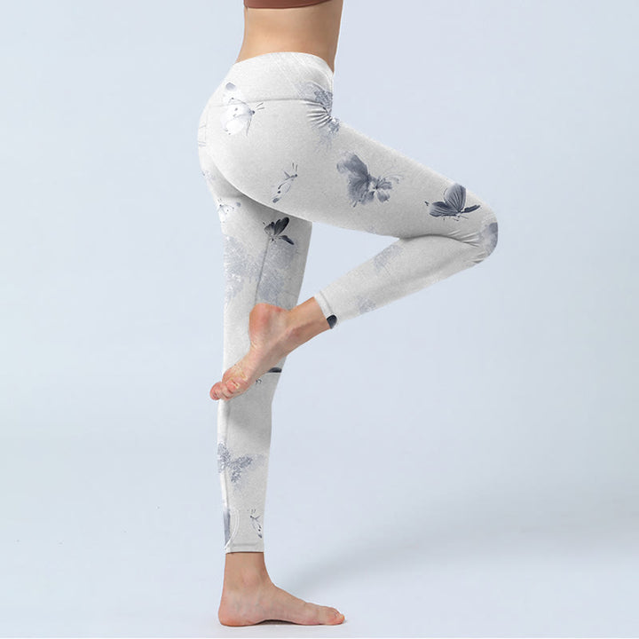 Buddha Stonesホワイトグレー バタフライプリント スポーツレギンス レディース ヨガパンツ - image 4