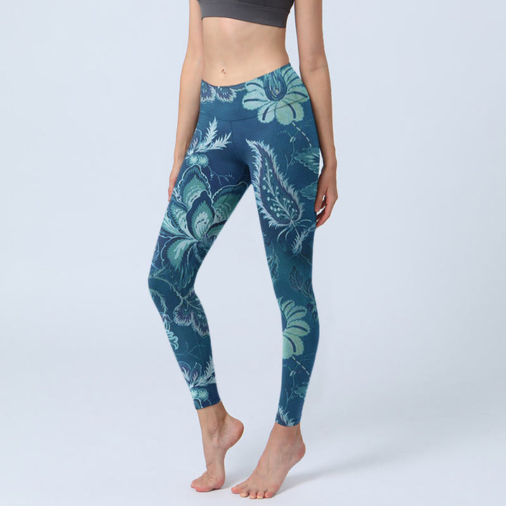 Buddha Stonesブルーフラワープリント スポーツフィットネスレギンス レディース ヨガパンツ - スチールブルー - US18、 UK/AU22、 EU50 (4XL) - image 0