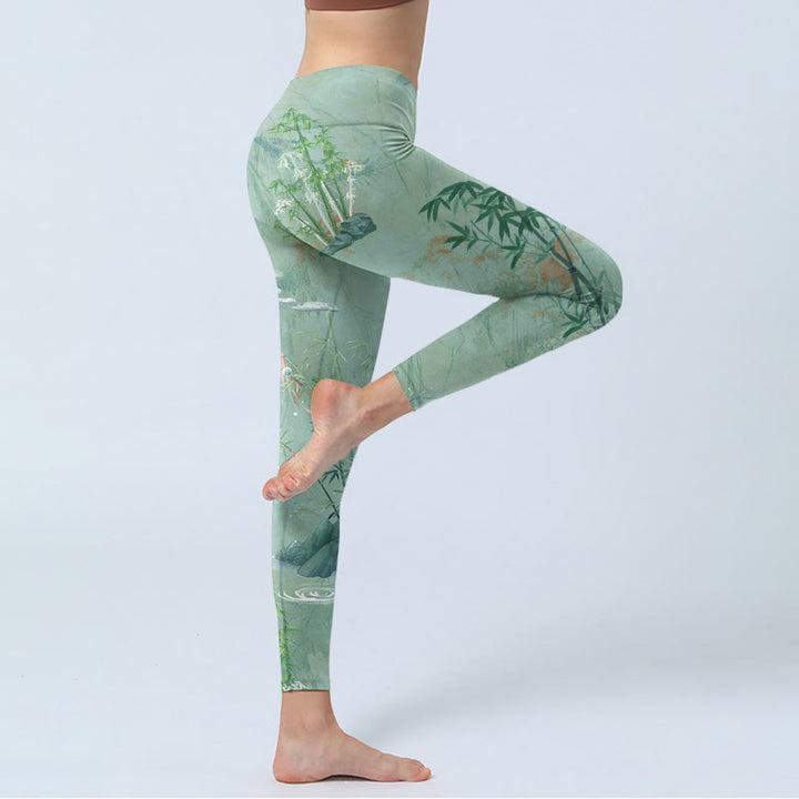 Buddha Stonesグリーン 竹 岩 プリント スポーツ フィットネス レギンス レディース ヨガパンツ - image 3