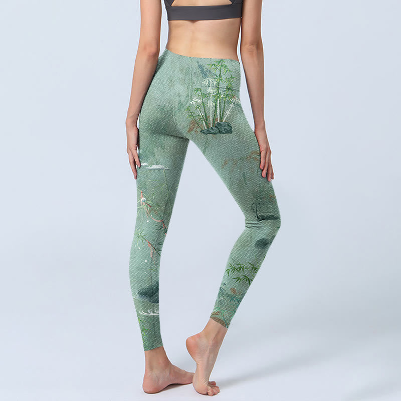 Buddha Stonesグリーン 竹 岩 プリント スポーツ フィットネス レギンス レディース ヨガパンツ - image 4