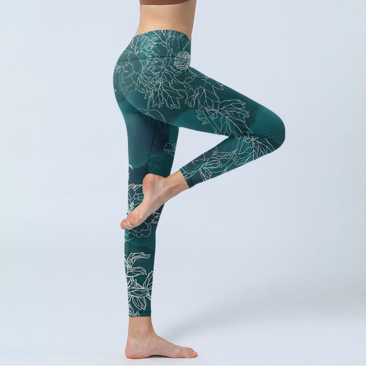 Buddha Stones、牡丹、花、マグパイ、蝶のプリント、ジムフィットネスレギンス、レディースヨガパンツ - image 3