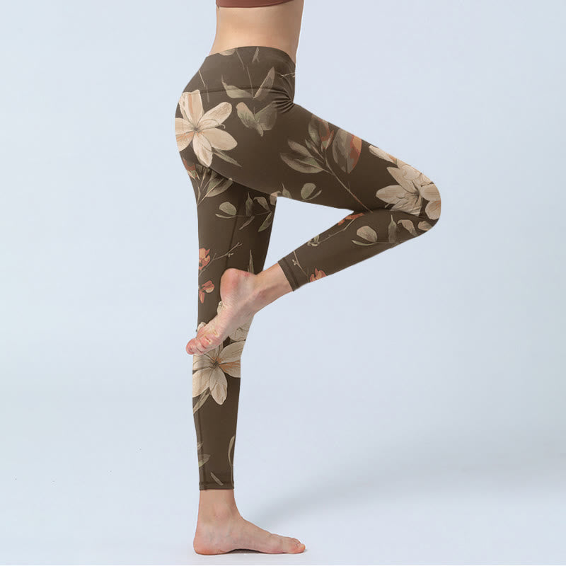 Buddha Stones、紫、白、花、葉、花柄プリント、ジムフィットネスレギンス、レディースヨガパンツ - image 12