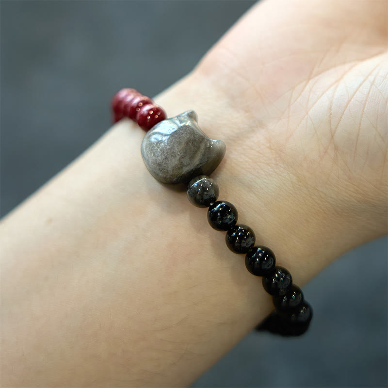 Buddha Stones黒曜石 辰砂 銀色 闇夜 黒曜石 猫 成就 ブレスレット - image 4