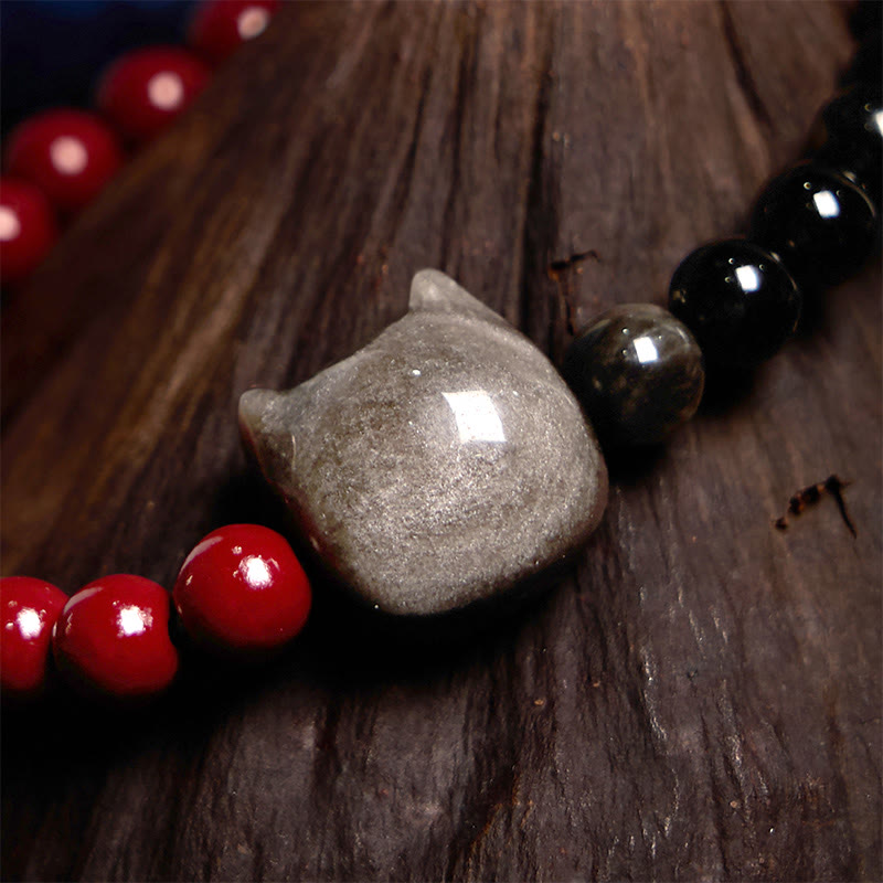 Buddha Stones黒曜石 辰砂 銀色 闇夜 黒曜石 猫 成就 ブレスレット - image 3