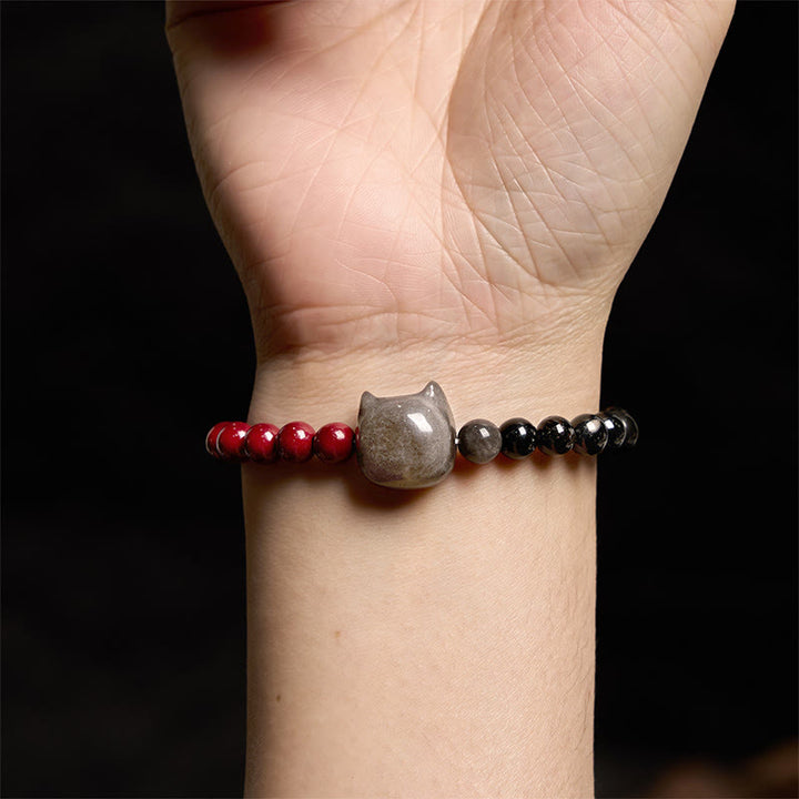 Buddha Stones黒曜石 辰砂 銀色 闇夜 黒曜石 猫 成就 ブレスレット - image 5