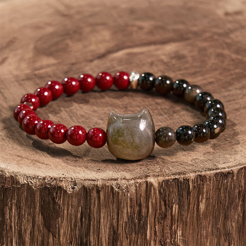 Buddha Stones黒曜石 辰砂 銀色 闇夜 黒曜石 猫 成就 ブレスレット - image 2