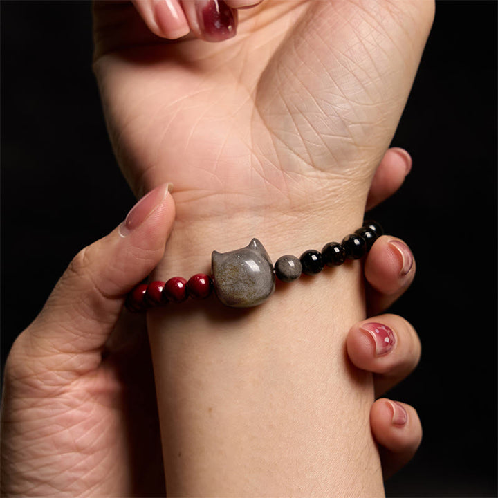 Buddha Stones黒曜石 辰砂 銀色 闇夜 黒曜石 猫 成就 ブレスレット - image 8