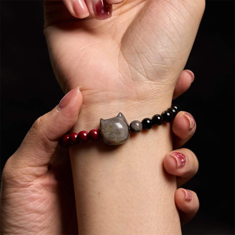 Buddha Stones黒曜石 辰砂 銀色 闇夜 黒曜石 猫 成就 ブレスレット - image 6