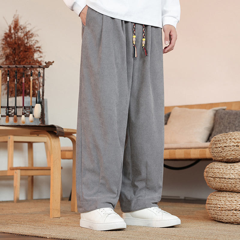 Buddha Stones秋冬 メンズ ドローストリング コーデュロイ 無地 ポケット付きパンツ - image 2