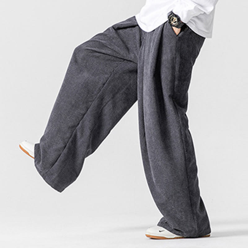Buddha Stones無地コットンコーデュロイメンズワイドレッグパンツ（ポケット付き） - image 8