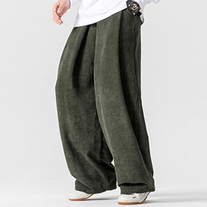 Buddha Stones無地コットンコーデュロイメンズワイドレッグパンツ（ポケット付き）
