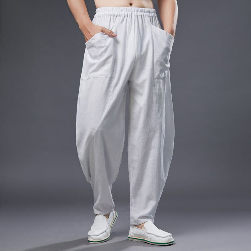 Buddha Stones無地コットンラミーリネンメンズ伸縮性ウエストハーレムパンツ（ポケット付き） - 白 - US/UK/AU38、 EU48 (XL) - image 0