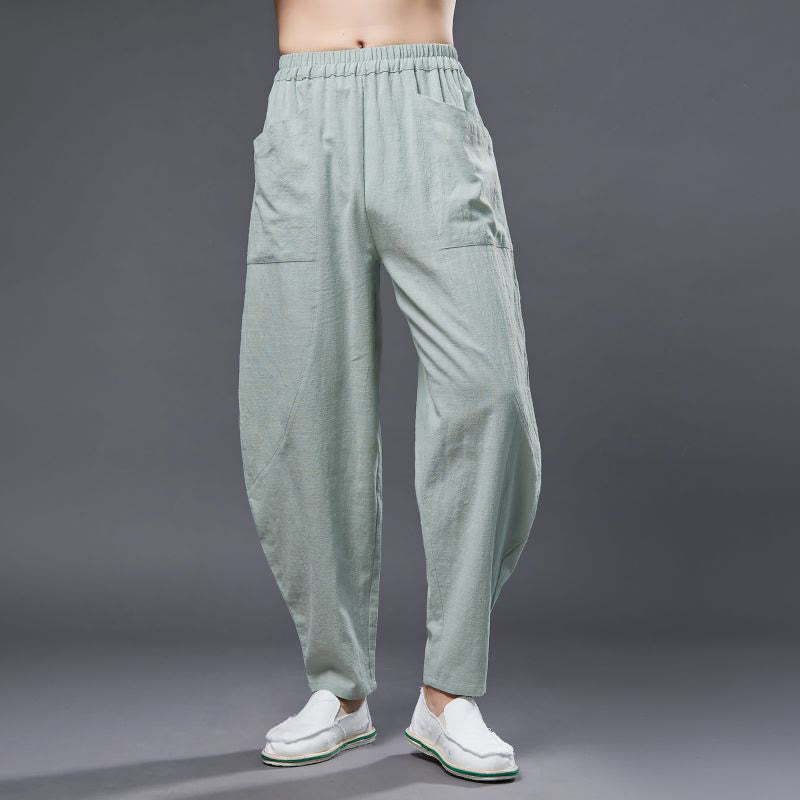 Buddha Stones無地コットンラミーリネンメンズ伸縮性ウエストハーレムパンツ（ポケット付き） - ペールグリーン - US/UK/AU38、 EU48 (XL) - image 18