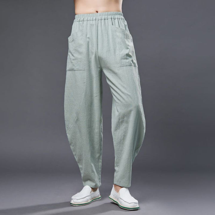 Buddha Stones無地コットンラミーリネンメンズ伸縮性ウエストハーレムパンツ（ポケット付き） - ペールグリーン - US/UK/AU38、 EU48 (XL) - image 18