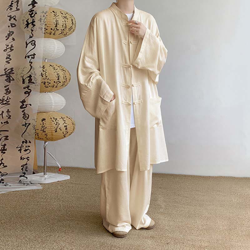 Buddha Stones 2点セット メンズ 長袖 カエルボタン シャツ パンツ 瞑想 禅 コットン ウェア セット - 小麦 - US/UK/AU46、 EU56 (5XL) - image 0