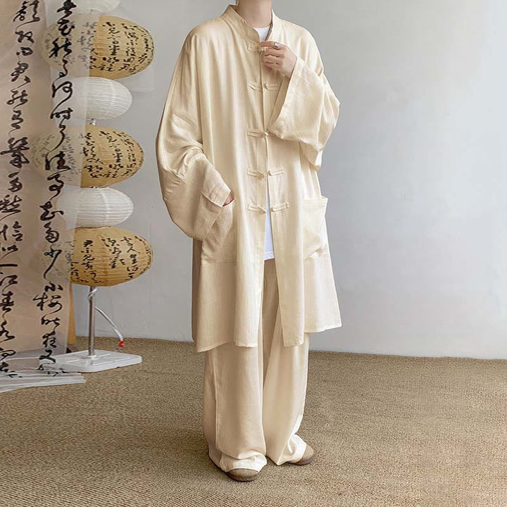 Buddha Stones 2点セット メンズ 長袖 カエルボタン シャツ パンツ 瞑想 禅 コットン ウェア セット - 小麦 - US/UK/AU46、 EU56 (5XL) - image 0