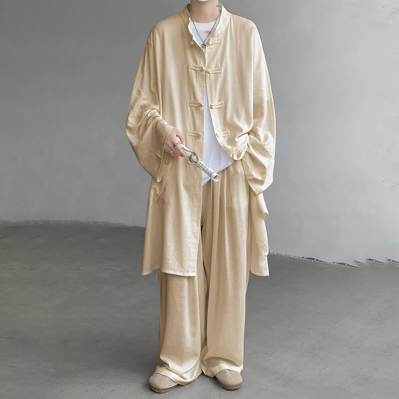 Buddha Stones 2点セット メンズ 長袖 カエルボタン シャツ パンツ 瞑想 禅 コットン ウェア セット - image 1
