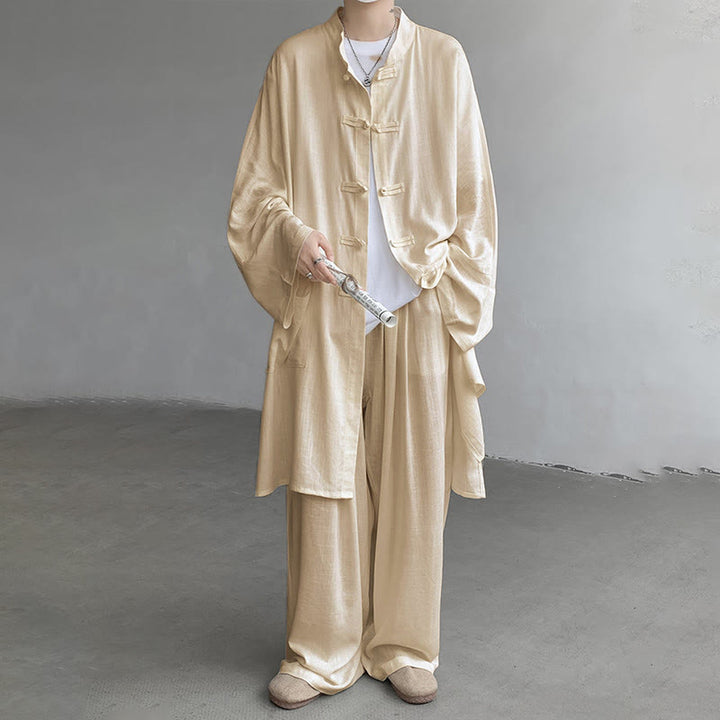 Buddha Stones 2点セット メンズ 長袖 カエルボタン シャツ パンツ 瞑想 禅 コットン ウェア セット - image 1