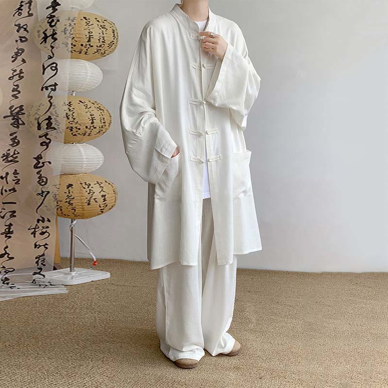 Buddha Stones 2点セット メンズ 長袖 カエルボタン シャツ パンツ 瞑想 禅 コットン ウェア セット - 白 - US/UK/AU46、 EU56 (5XL) - image 3