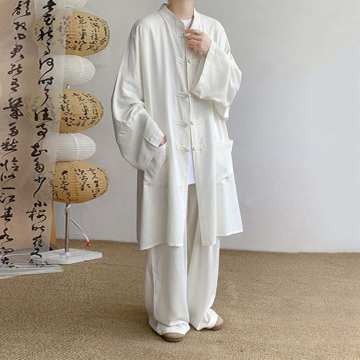 Buddha Stones 2点セット メンズ 長袖 カエルボタン シャツ パンツ 瞑想 禅 コットン ウェア セット - 白 - US/UK/AU46、 EU56 (5XL) - image 3