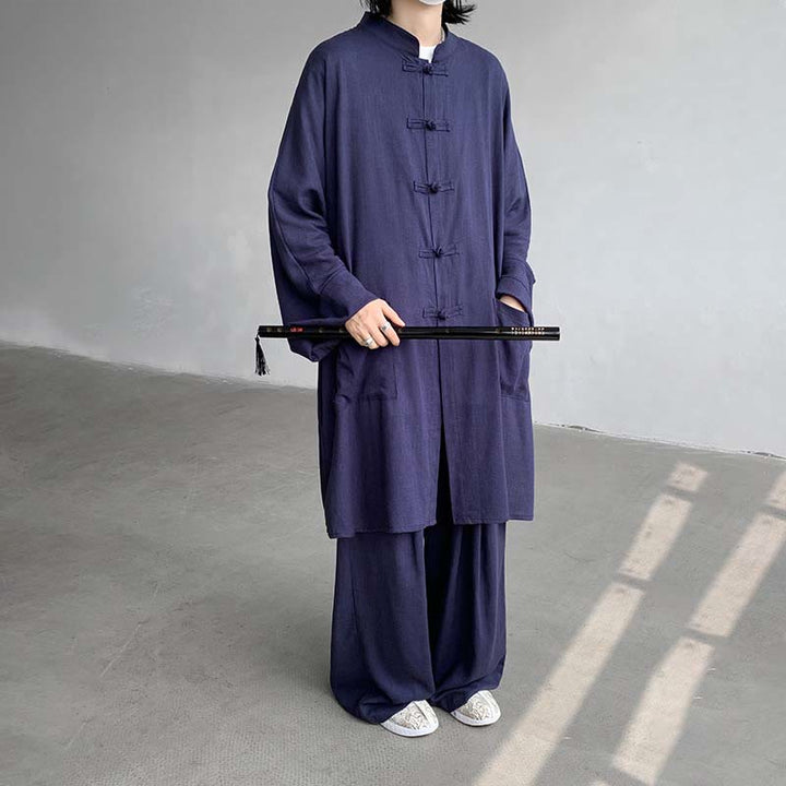 Buddha Stones 2点セット メンズ 長袖 カエルボタン シャツ パンツ 瞑想 禅 コットン ウェア セット - スチールブルー - US/UK/AU46、 EU56 (5XL) - image 10